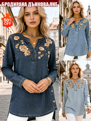 Блуза с Кръгло Деколте, Принт, Имитация на Дънков Плат и V-Образно Деколте с Дълъг Ръкав