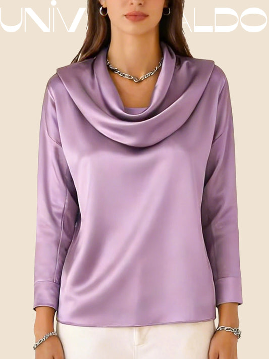 Блуза от Сатен с Плисирана Яка и Дълъг Ръкав