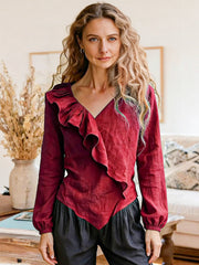 Памучно-Ленена Блуза с V-Яка и Волани