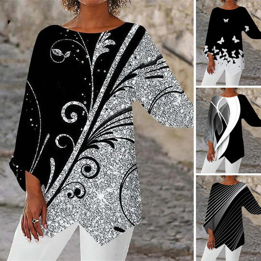 【S-5XL】Риза с дълъг ръкав и кръгло деколте с геометричен мотив