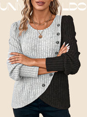 Плетена Тениска с Кръгла Яка и Комбинирани Цветове