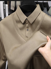 Мъжки Псевдо-Двуделен Плетен Пуловер с Яке и Подплата