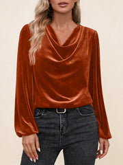 Дамска блуза с плисирана стояща яка и дълъг ръкав