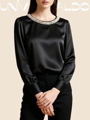 Сатенена Блуза с Кръгла Яка и Перли