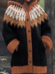 【S~5XL】✨Елегантен плетен кардиган с ретро принт и цветна качулка