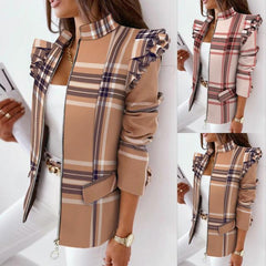 【най-продавани】Есенно-зимно ново карирано малко палто с волани с цип