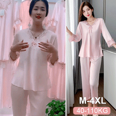 🔥【Топ с дълъг ръкав + панталон】Комплект от копринена пижама от две части за жени, домашно облекло