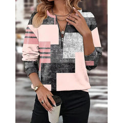 Дамски пуловер с цип и широка кройка - V-образно деколте, дълъг ръкав, цветно блокиран дизайн