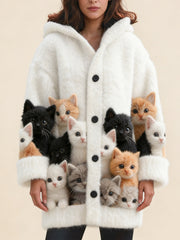 Плетено Наметало с Качулка и Принт на Котка