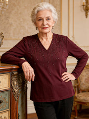 Тениска С Дълъг Ръкав От Мрежа С V-Образно Деколте И Инкрустирани Кристали