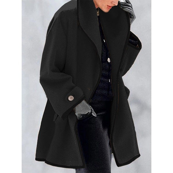 🥰[S-5XL] Ново есенно-зимно многоцветно вълнено палто с широки крачоли, качулка и кръгло деколте
