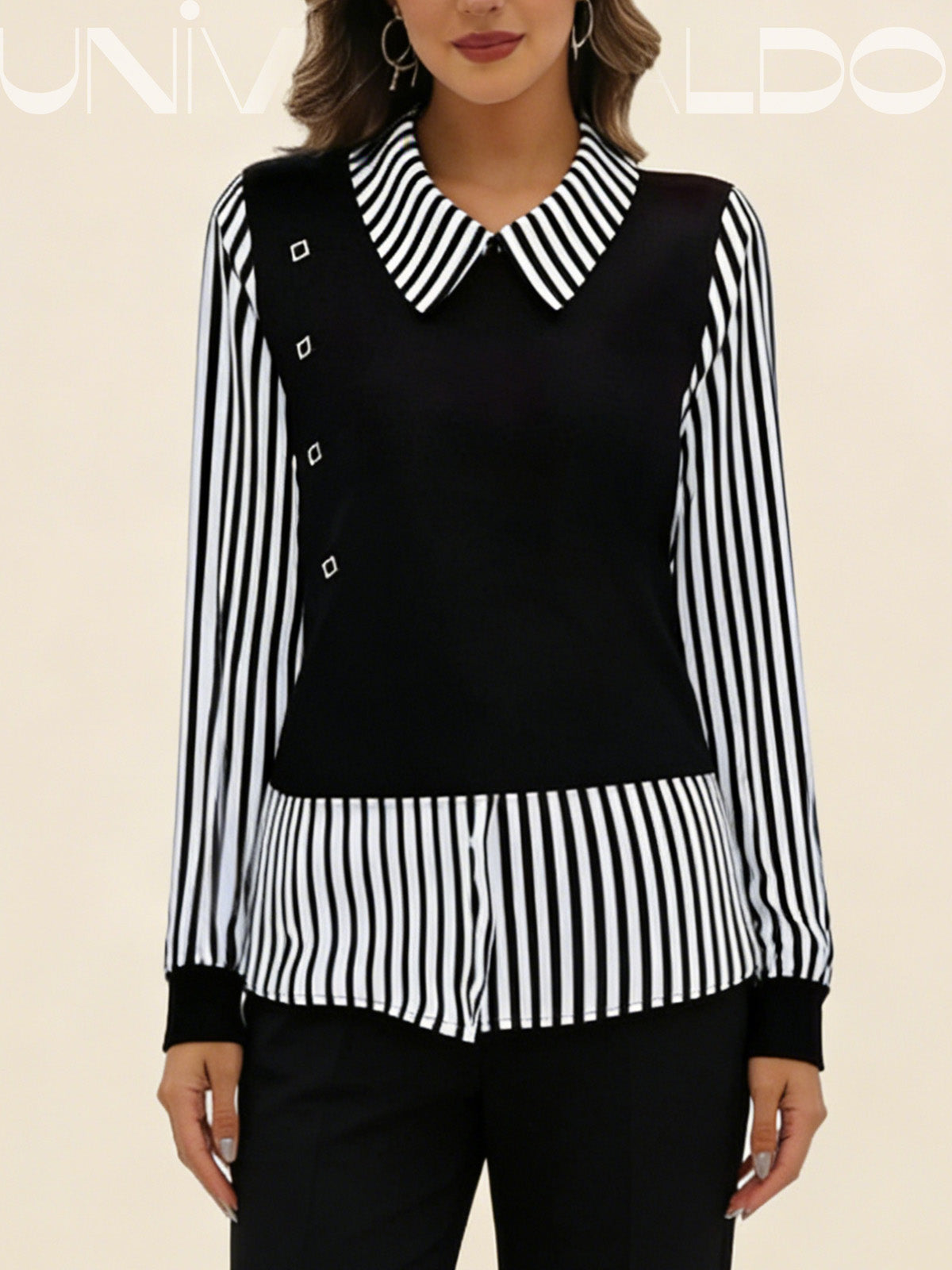 Модерна Псевдо-Двуделна Блуза С Райе И Дълъг Ръкав