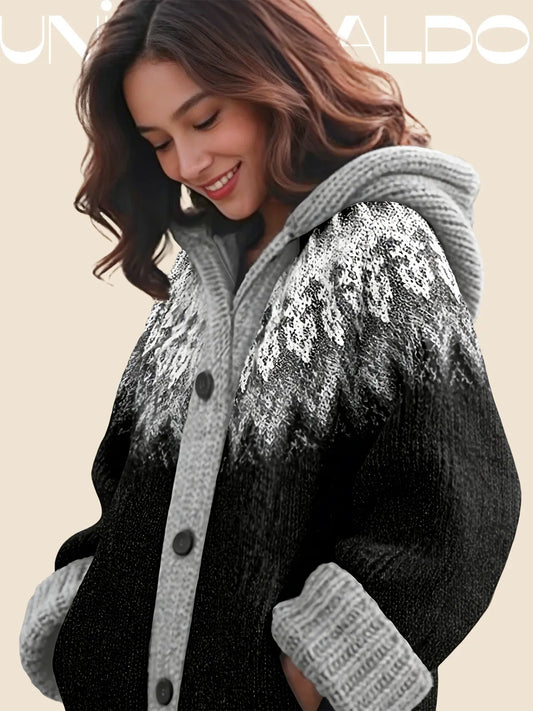 【S~5XL】✨Елегантен плетен кардиган с ретро принт и цветна качулка