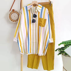 🔥50% ОТСТЪПКА】【S-5XL】 🌸Пролетен раиран ежедневен костюм от две части