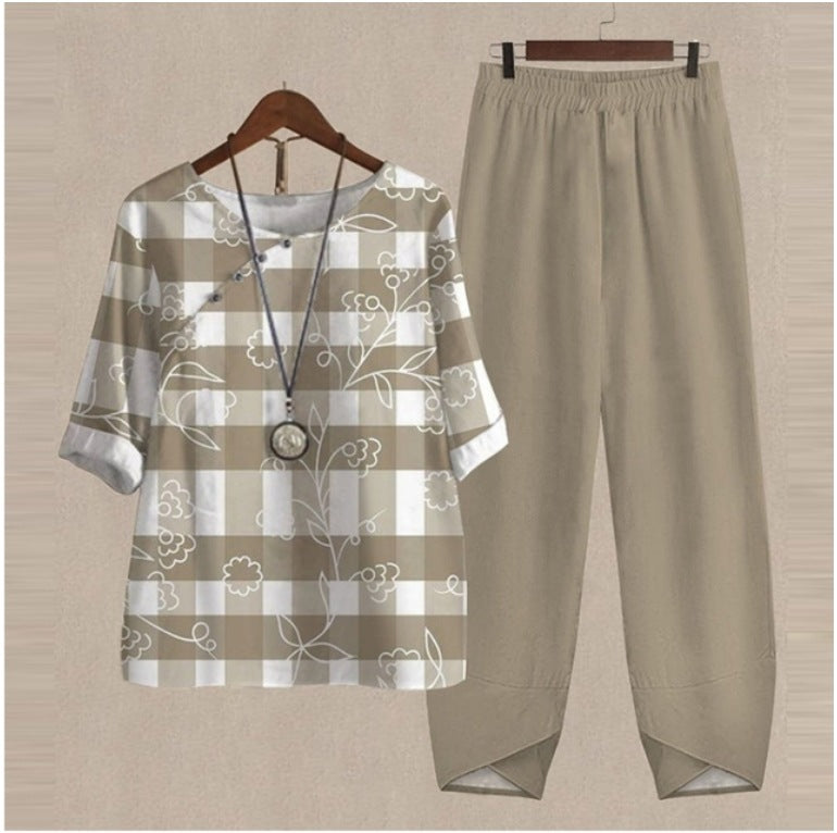 🔥🔥【50% ОТСТЪПКА】[M-5XL] Двукомпонентен моден ежедневен комплект, блуза с принт + панталони