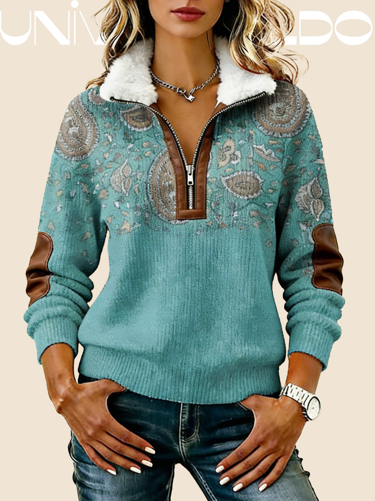 Суитшърт с Кожена Яка, Принт и Свободен Крой