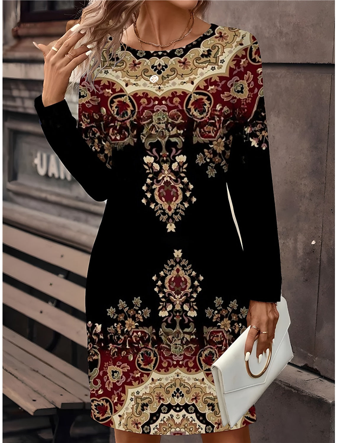 🔥🥰【S-3XL】Нова рокля с щампа и кръгло деколте