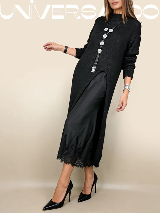 【XS-3XL】👗Нов комплект от дантела, дизайн с отвор, стил пуловер, рокля с презрамки + пуловер с отвор, 2 части