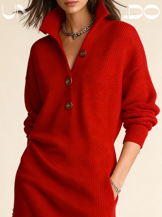 Плетена Свободна Рокля С Копчета И Стоящ Яка