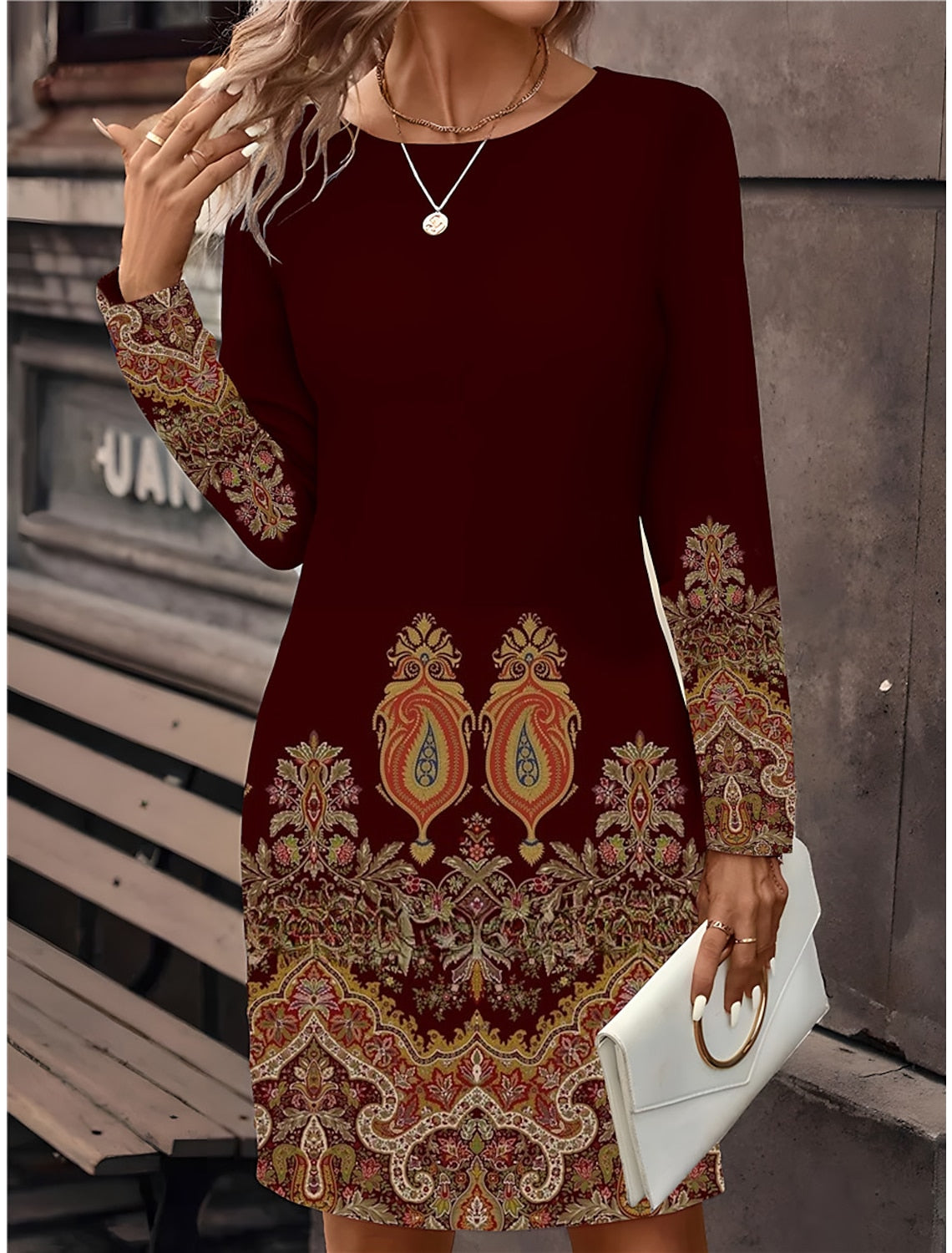 🔥🥰【S-3XL】Нова рокля с щампа и кръгло деколте