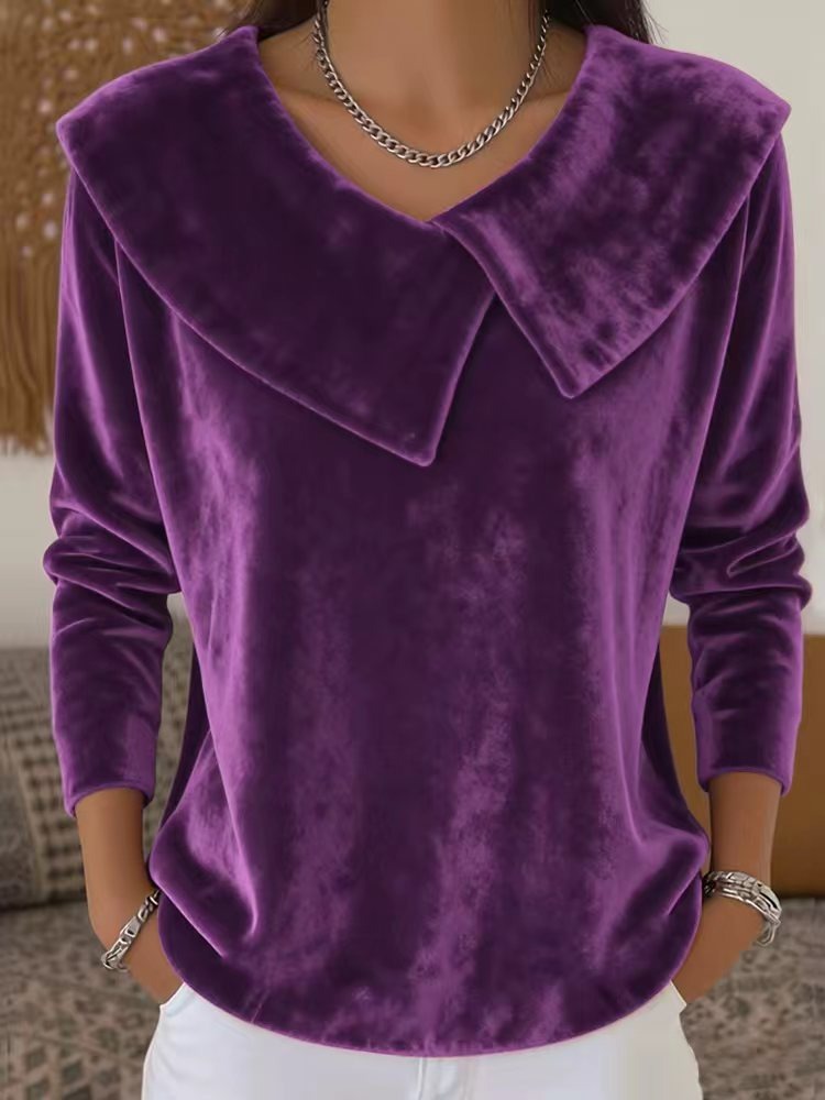 Кадифена Блуза с Дълъг Ръкав в Един Цвят