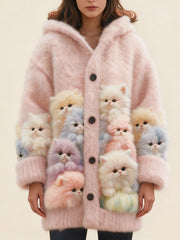 Плетено Наметало с Качулка и Принт на Котка