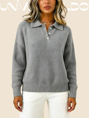 Тениска с Кръгла Яка, Копчета и Дълъг Ръкав в Свободен Крой