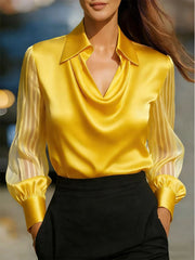 Сатенена Блуза с Дълъг Ръкав и Падащ Плат