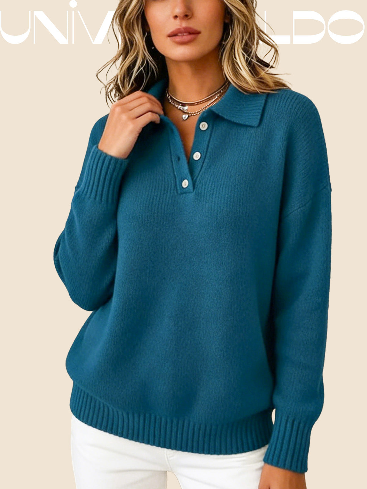 Тениска с Кръгла Яка, Копчета и Дълъг Ръкав в Свободен Крой