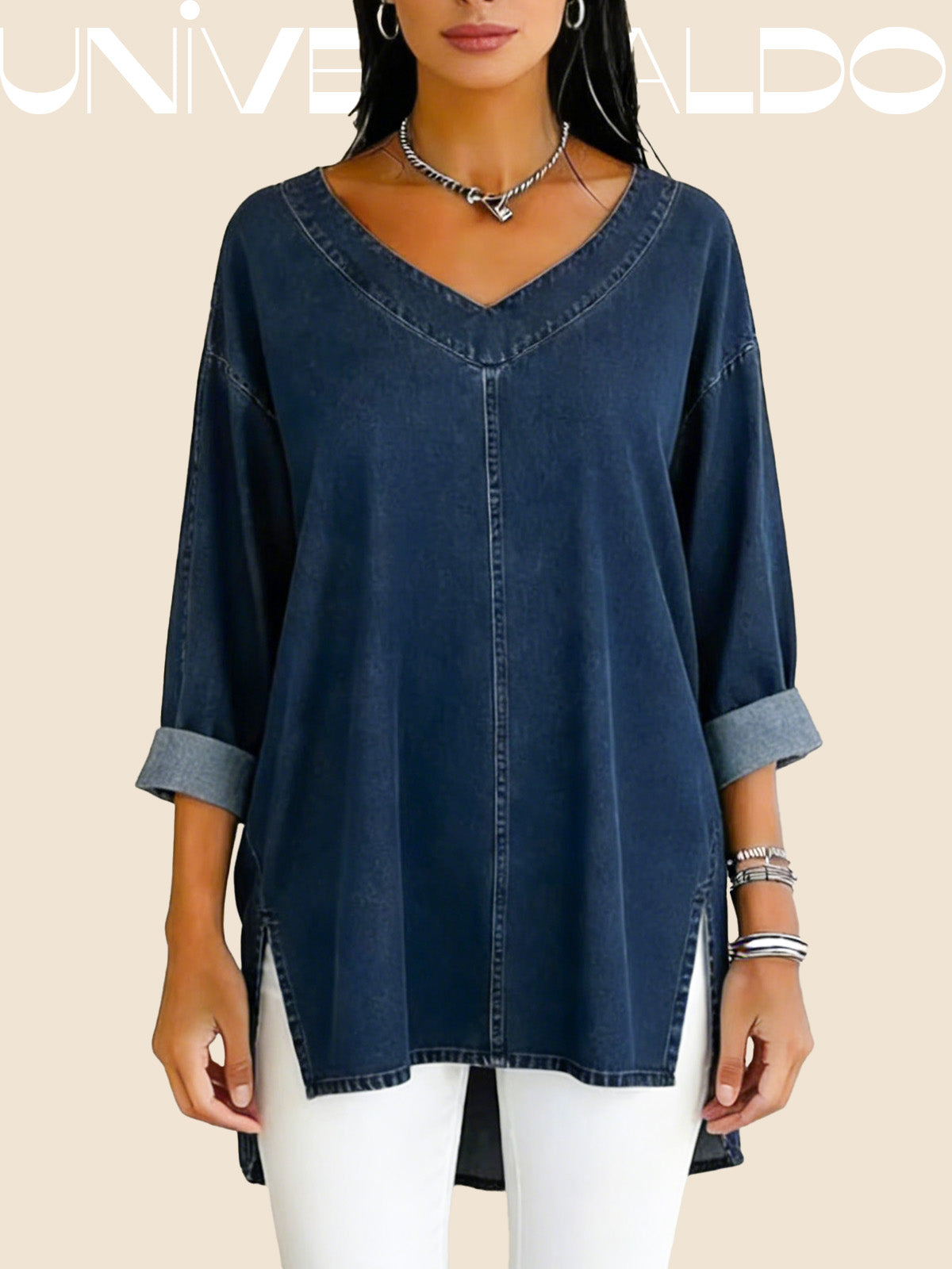 Дамска Деним Блуза с V-Яка и Дълъг Ръкав