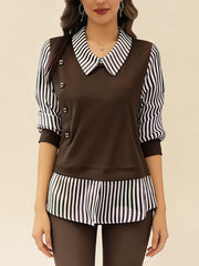 Модерна Псевдо-Двуделна Блуза С Райе И Дълъг Ръкав