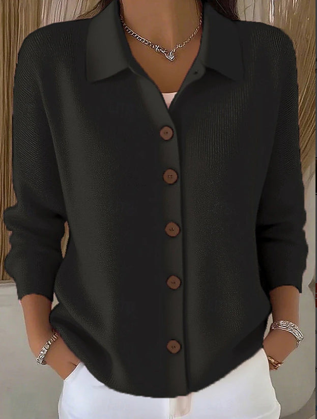 Едноцветна Пуловер Блуза С Яке Яка И Копчета