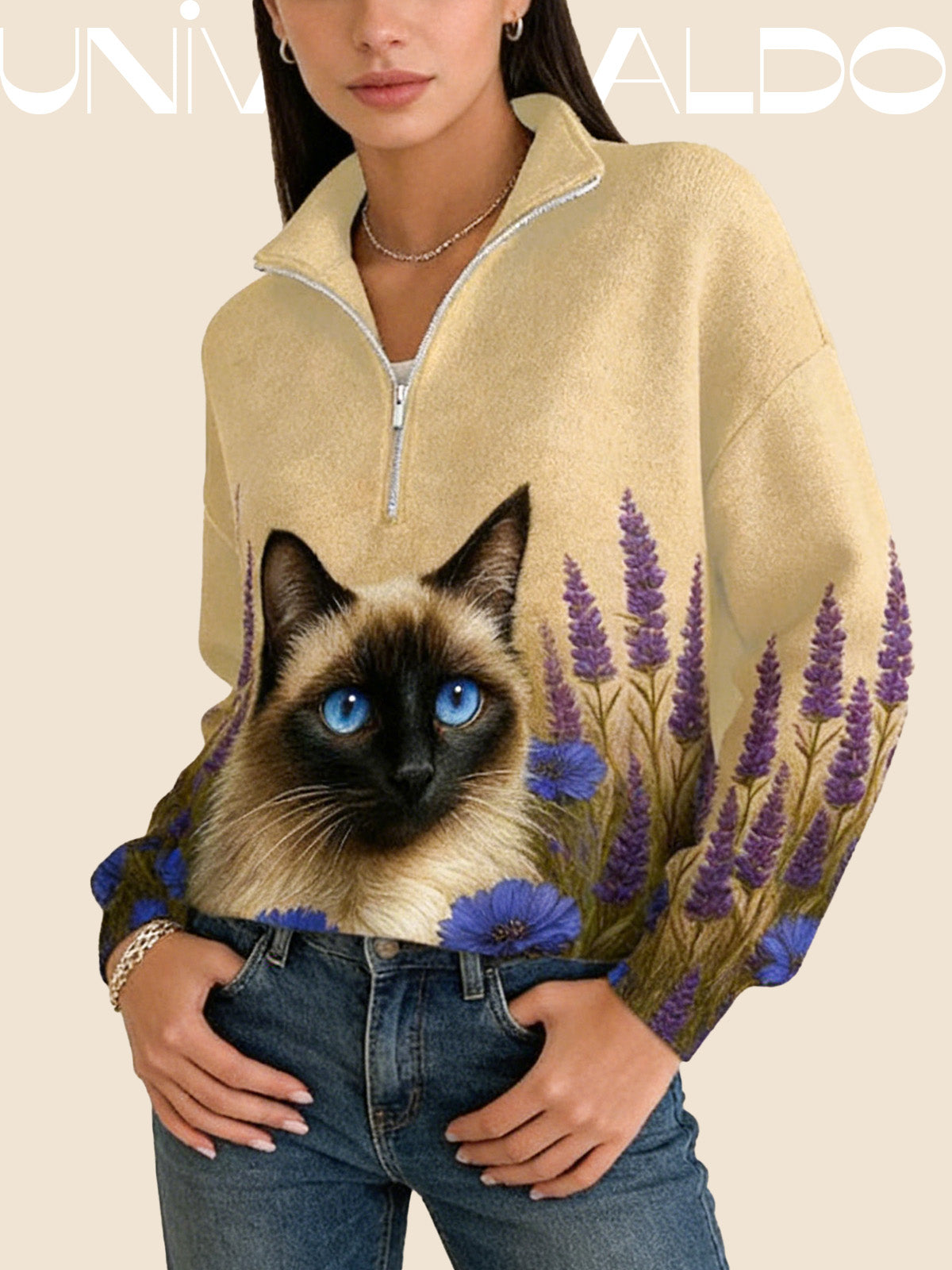 Суитшърт с Котка, Полу-Джипс и Изправена Яка