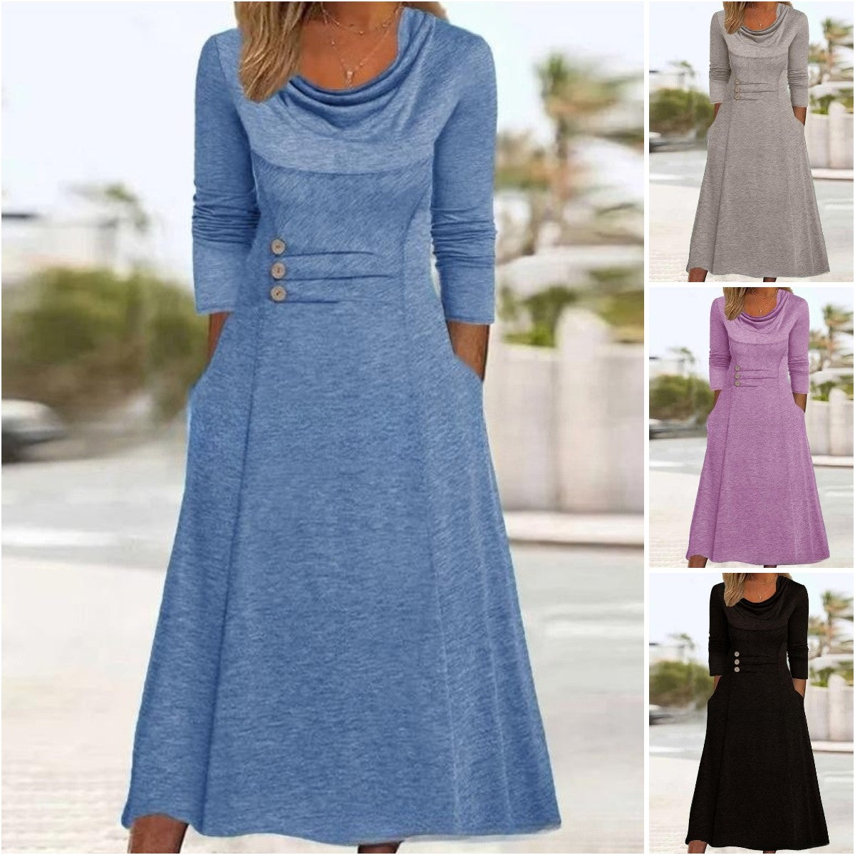 🍁【Ново поступление за есен/зима🔥】👗 Елегантна едноцветна рокля с джобове и обло деколте