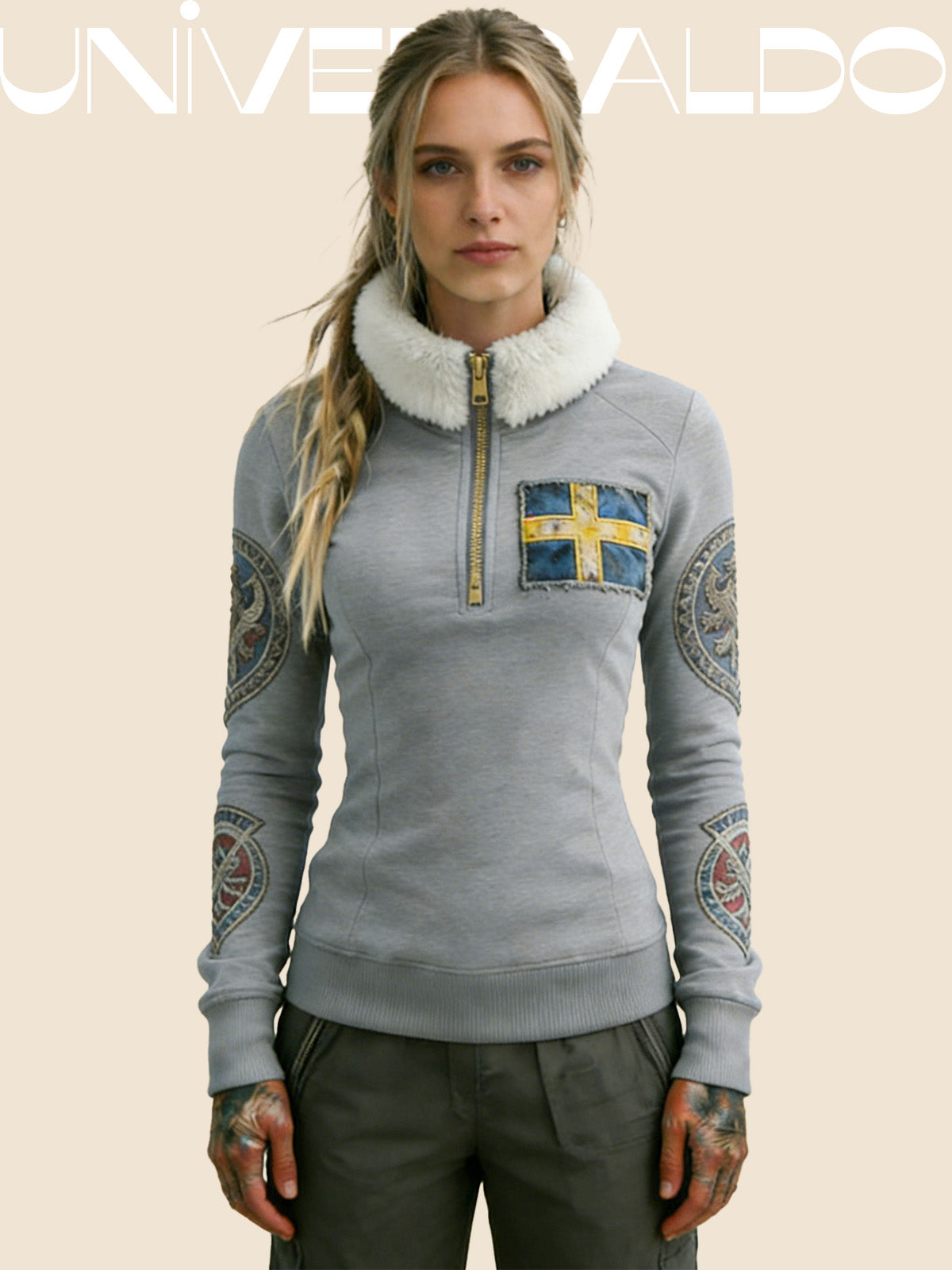 Суитшърт с принт "кръст" и кадифена яка