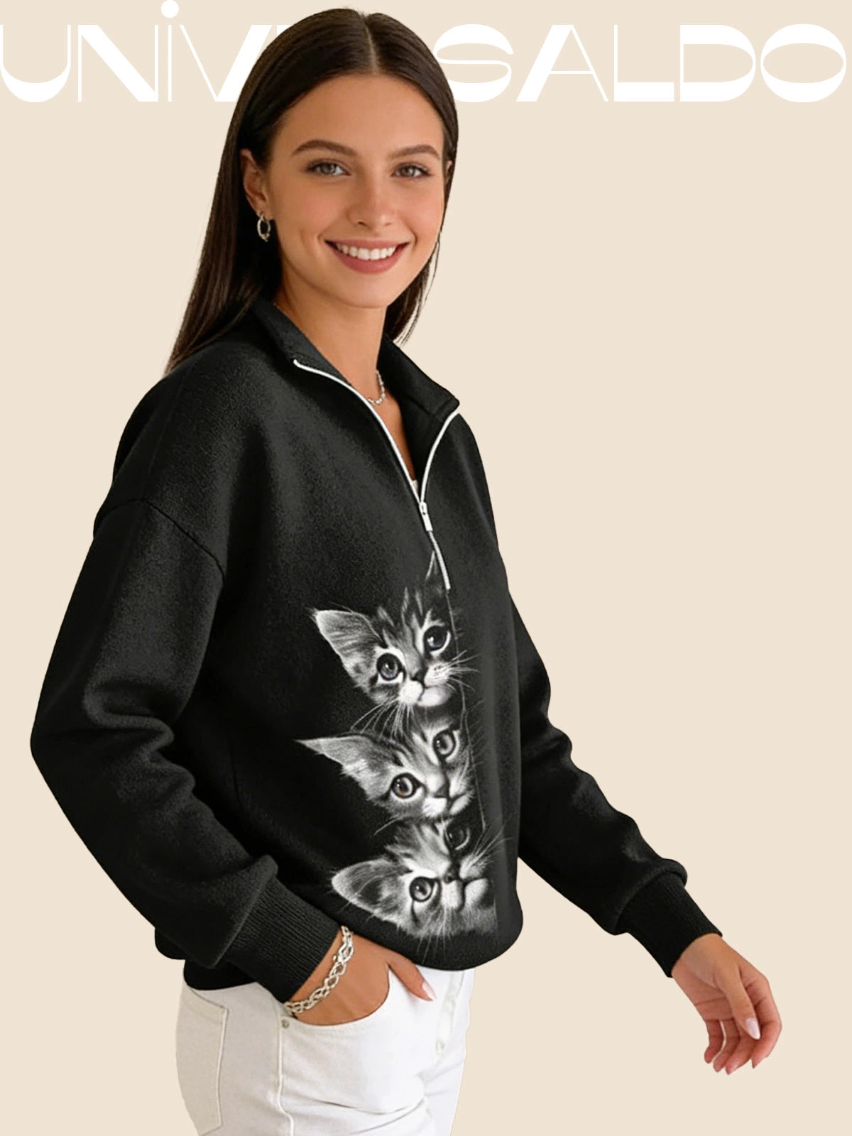 Суитшърт с Котка, Полу-Джипс и Изправена Яка