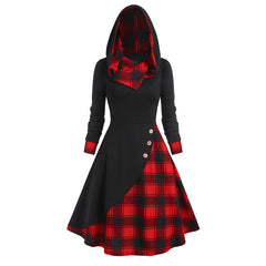 👗👗【50% ОТСТЪПКА】Дамска модна рокля с качулка и пачуърк от карета, елегантен и изтънчен дизайн