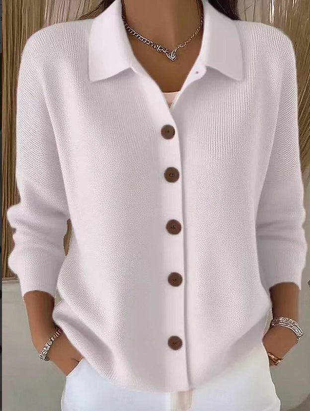 Едноцветна Пуловер Блуза С Яке Яка И Копчета