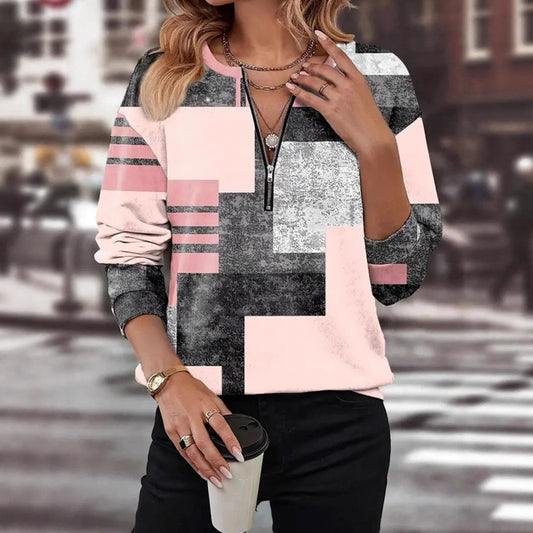 Дамски пуловер с цип и широка кройка - V-образно деколте, дълъг ръкав, цветно блокиран дизайн