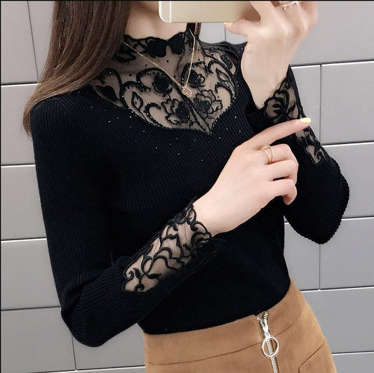 🎀✨【горещи продажби】Дамски пуловер с дантелена яка, елегантен и секси, с дълги ръкави