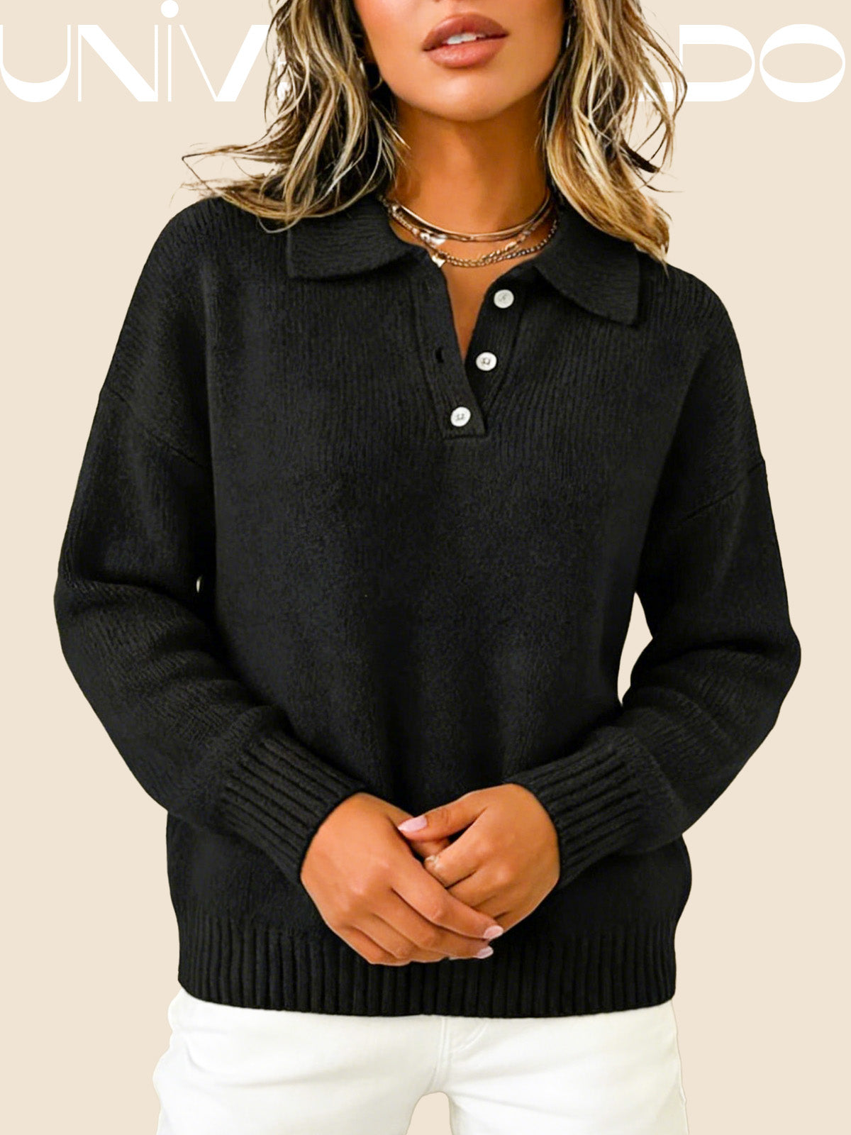 Тениска с Кръгла Яка, Копчета и Дълъг Ръкав в Свободен Крой