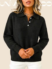 Тениска с Кръгла Яка, Копчета и Дълъг Ръкав в Свободен Крой