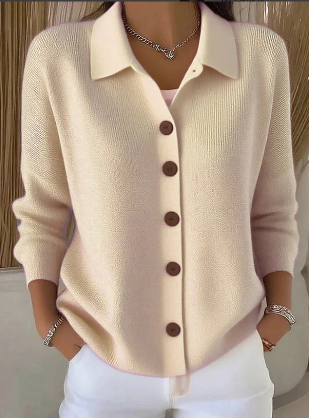 Едноцветна Пуловер Блуза С Яке Яка И Копчета