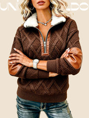 Суитшърт с Молния, Кожена Яка и Плетен Узор