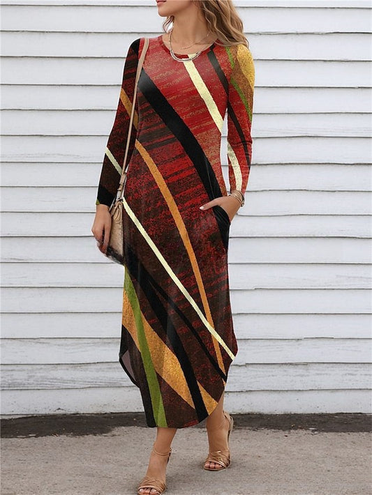 【S-3XL】2025 Нова рокля с джоб с дигитален принт с обло деколте