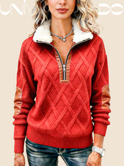 Суитшърт с Молния, Кожена Яка и Плетен Узор