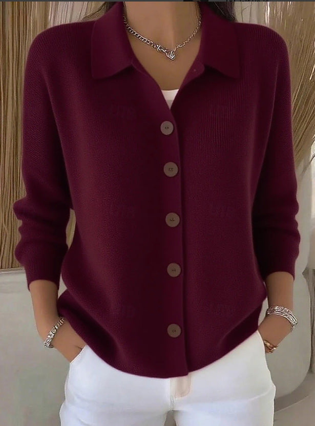 Едноцветна Пуловер Блуза С Яке Яка И Копчета