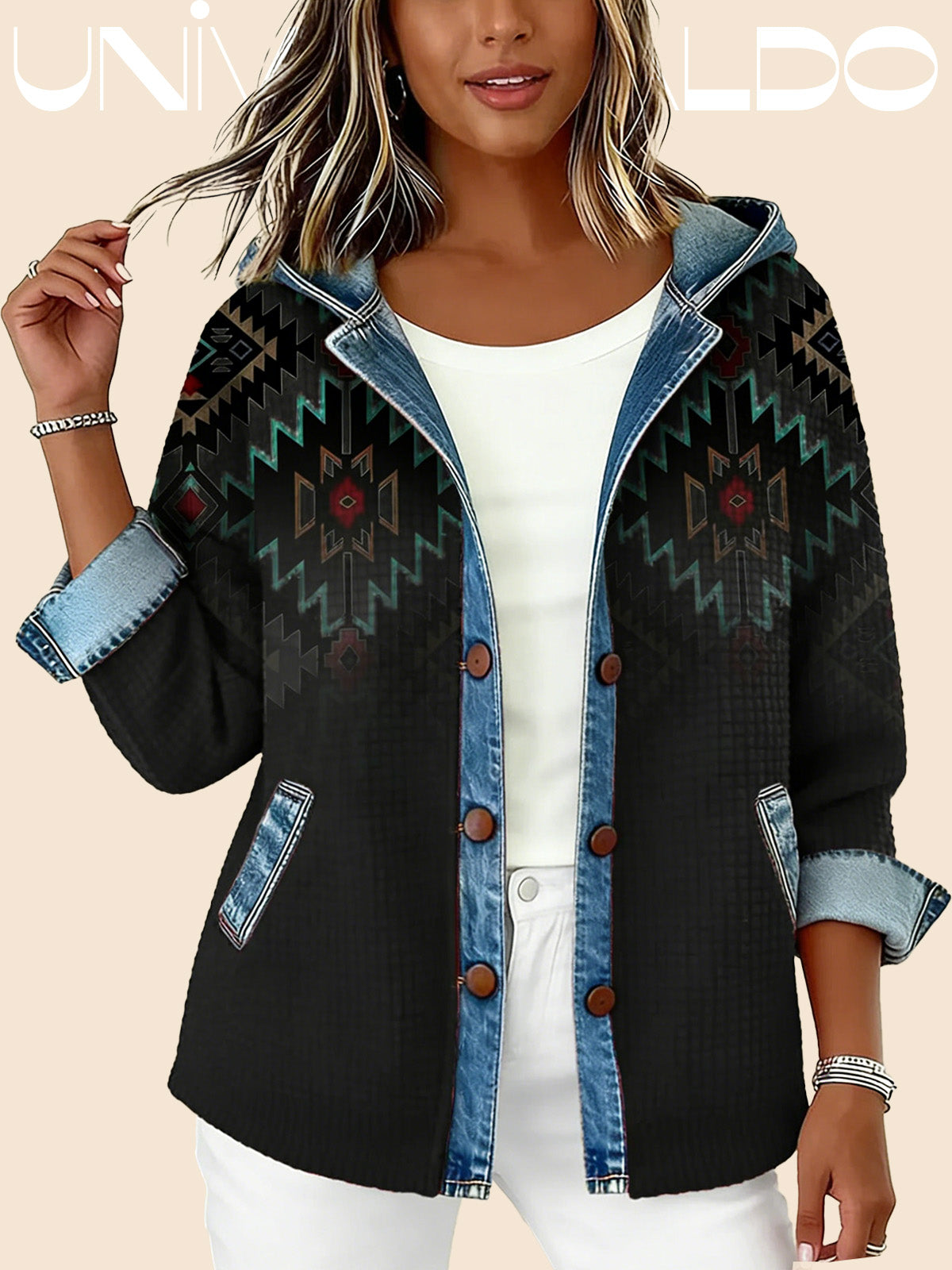 Спортно Яке с Качулка в Деним Ефект и Контрастна Карета