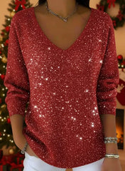 Нов дамски пуловер с дълъг ръкав и V-образно деколте