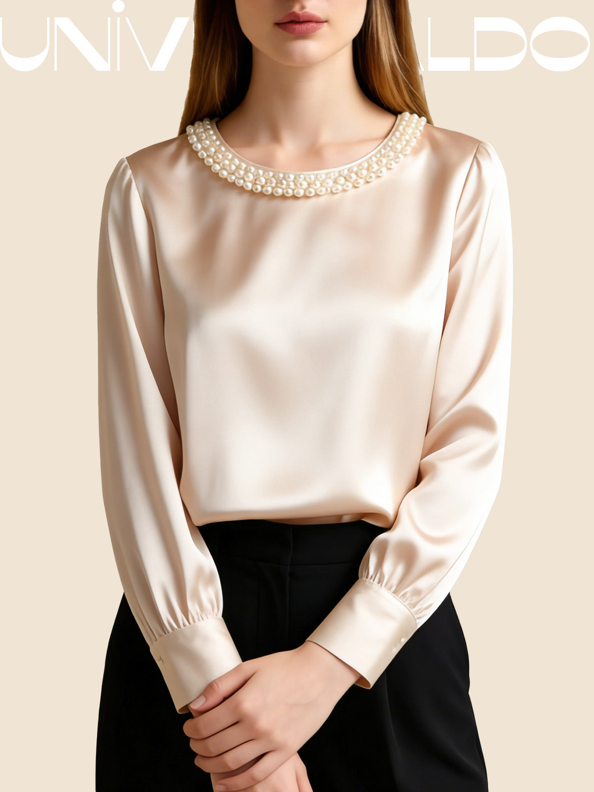 Сатенена Блуза с Кръгла Яка и Перли